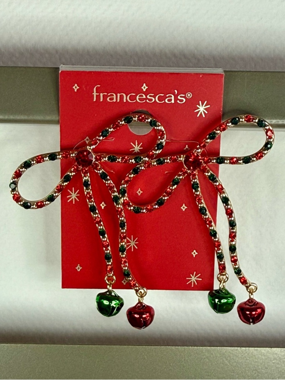 Francesca's Gold Bow Earrings with Red & Green Bells